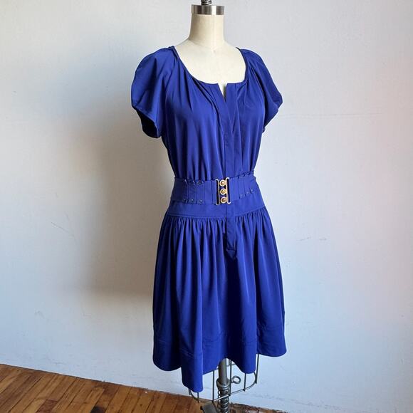 DIANE VON FURSTENBERG Blue Stretchy Cap Sleeve Belted Dress - Picture 6 of 11